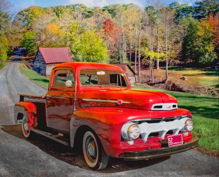 1952 Ford Red Truck On Road Panel 36in