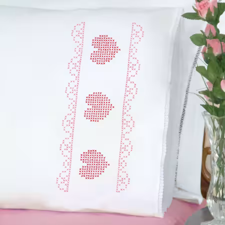 Cross-Stitch Hearts & Flowers Pillowcase With Lace Edge
