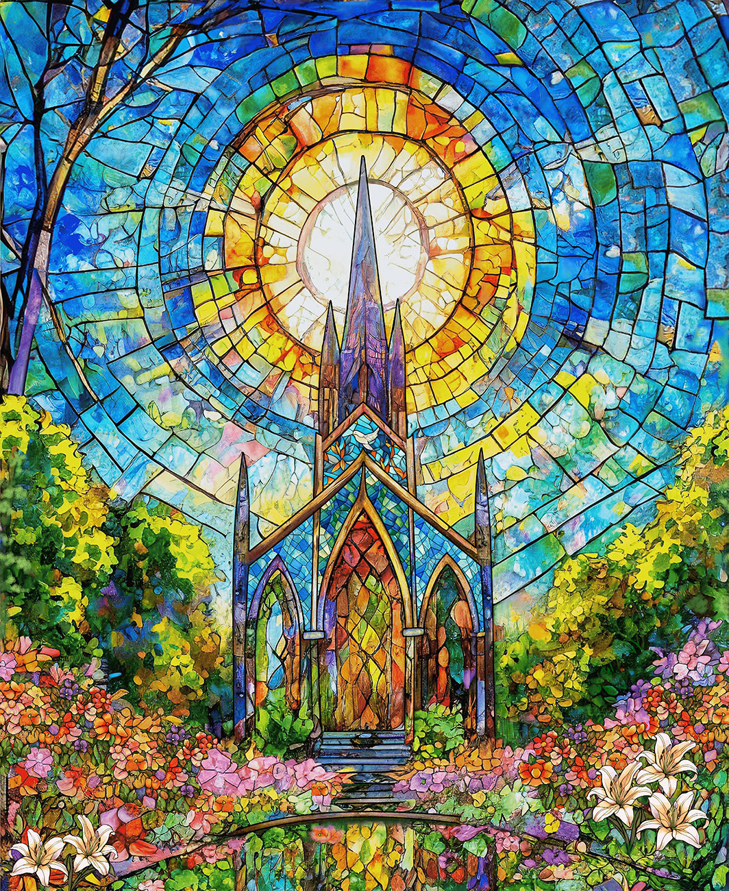 Turquoise/Multi Stained Glass Church 36 Inch repeat