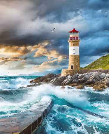 Blue/Multi Lighthouse Panel 36 Inch repeat