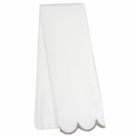 White and Taupe Scalloped Edge Tea Towel