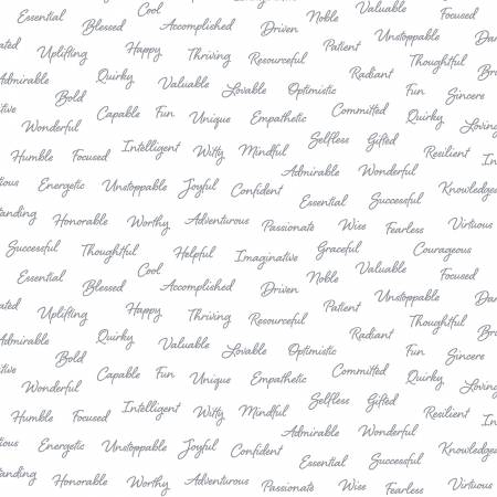 White Happy, Cool, Driven, Loveable, Witty, Mindful & Honorable Script Words