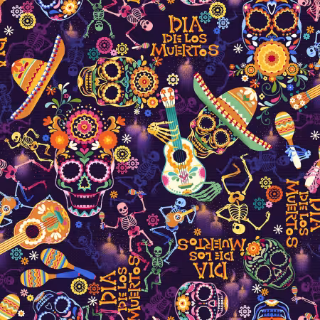 Day of the Dead Skulls & Guitars Purple