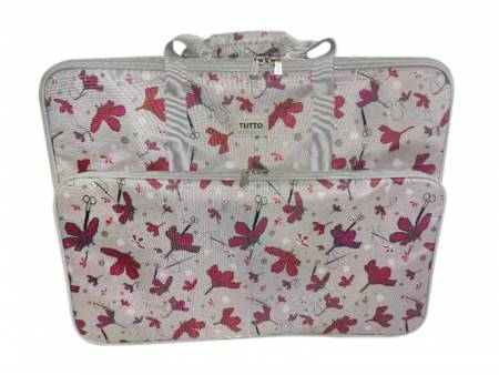 Tutto Large Embroidery Project Bag Rose Gray with Pink Daisies Gray Trim