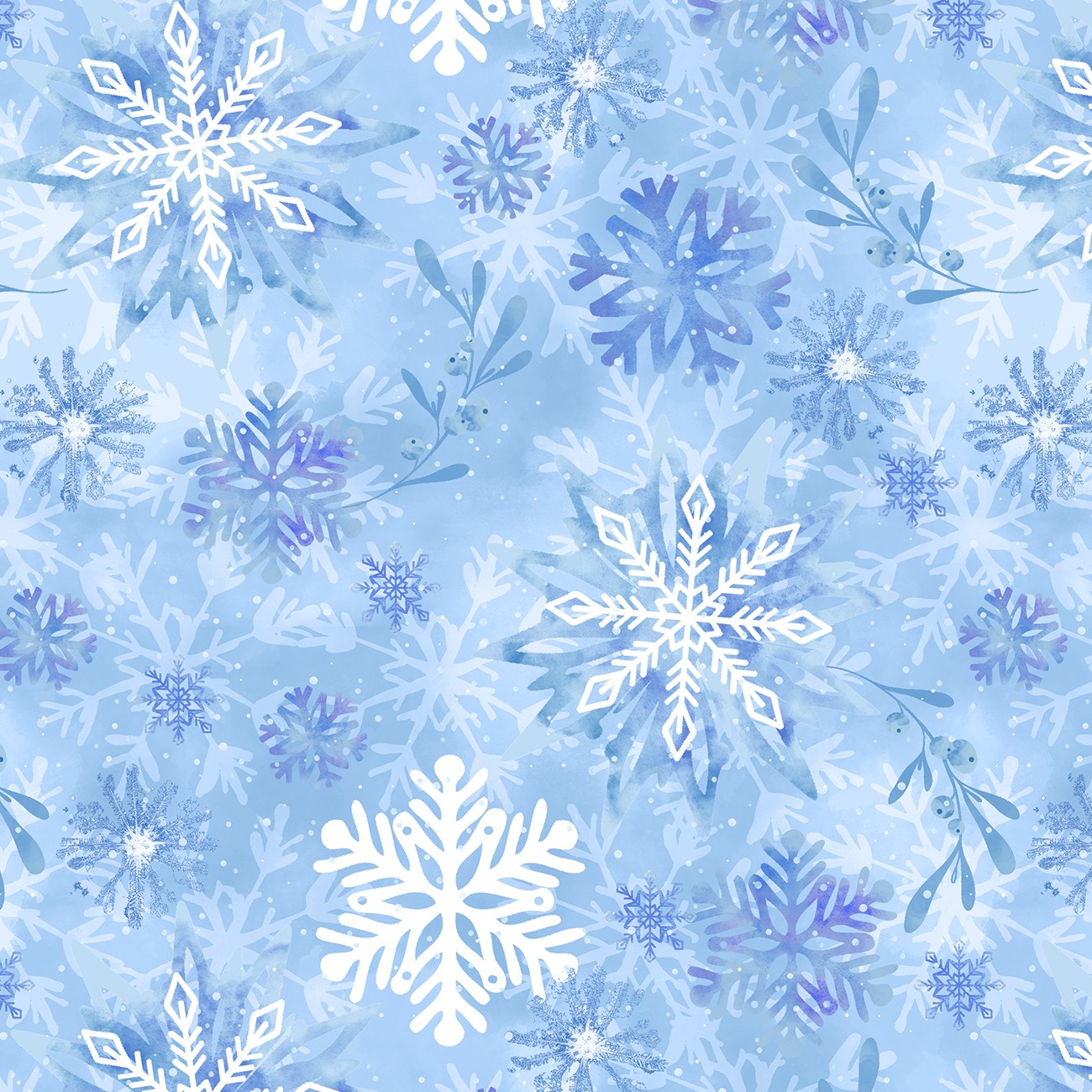 Mist Blue Snowflakes 108in Wideback, 8in repeat By Woods, Vero