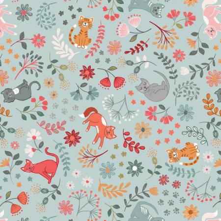 Floral cats on light blue