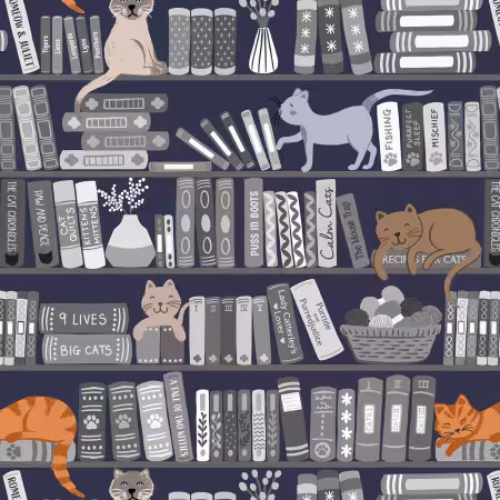 Book shelves and cats greys