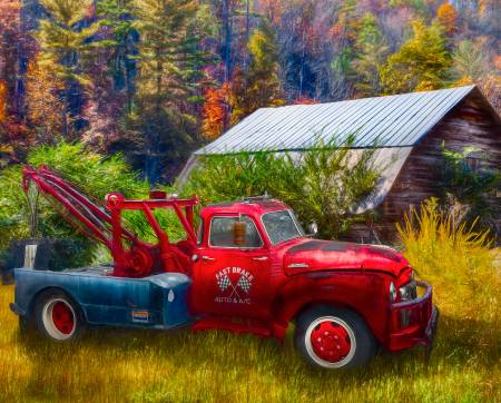 Vintage Red Towing Truck in Autumn Colors Panel 36in