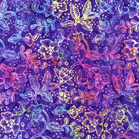 Purple Fancy Tropical Flower And Leaves Batik