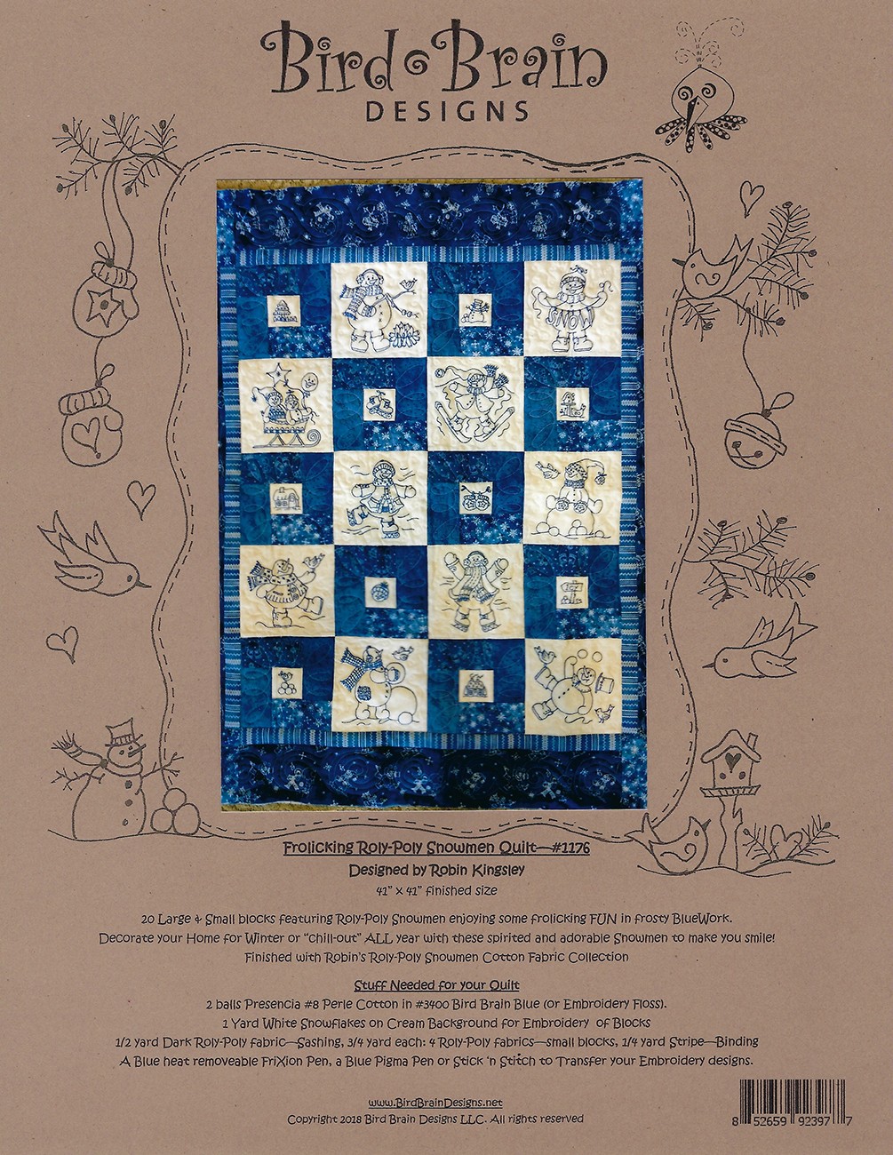 TEN BLUEWORK SNOWMEN EMBROIDERED QUILT BLOCKS