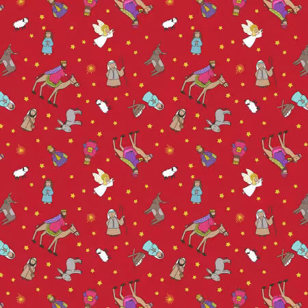Nativity characters on red with gold metallic