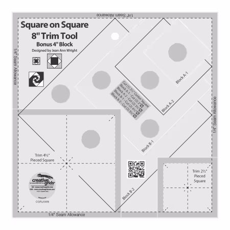 Creative Grids Square on Square Trim Tool 4in or 8in Finished Blocks Quilt Ruler