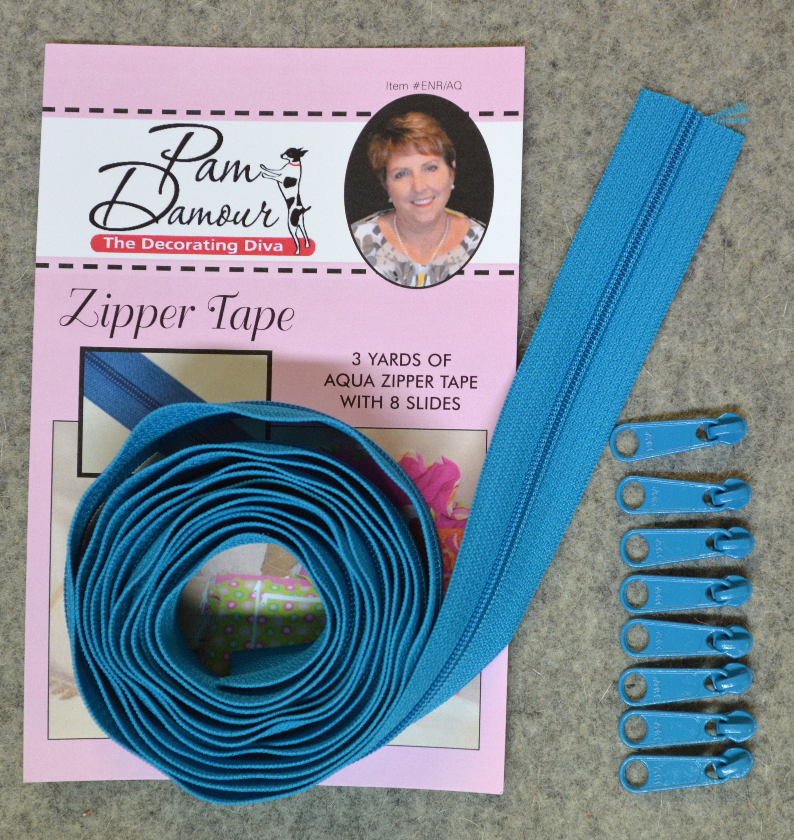 3 yards of Reversible Coil Zipper Tape with 8 Slides Aqua By Damour, Pam