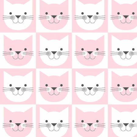 Pink Kitty Faces in 3 inch Blocks on Flannel