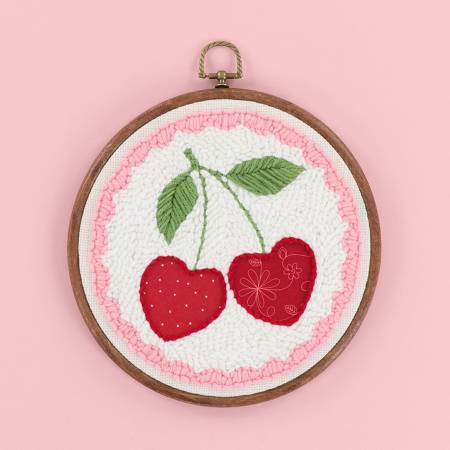 Punch Needle Embroidery Kit Life is Cherry Sweet 8in Faux Wood Hoop