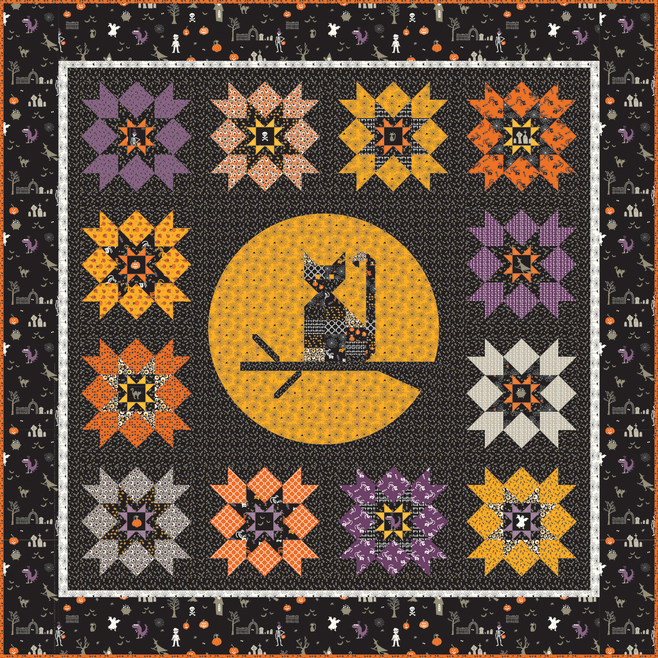 Beggar's Night Calico Cats & Jacks Meowing at the Moon Quilt Kit By