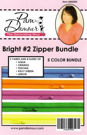 Bright II 5 colors, 3 yards of Reversible Coil Zipper Tape with 8 Slides