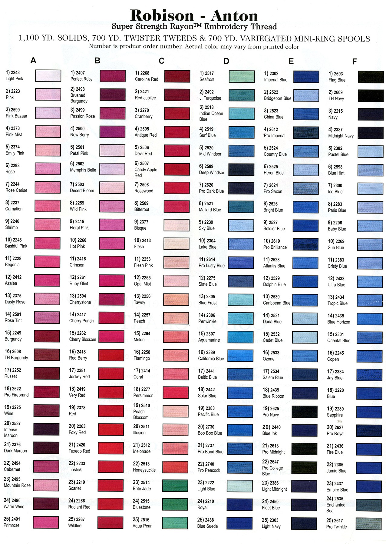 Robison Anton Rayon Thread Paper Color Chart