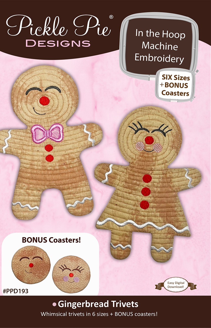 Gingerbread Trivets & BONUS Coasters In the Hoop Machine Embroidery Design Set