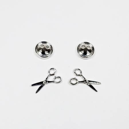 Button & Scissors Earring Set of 2 Silver