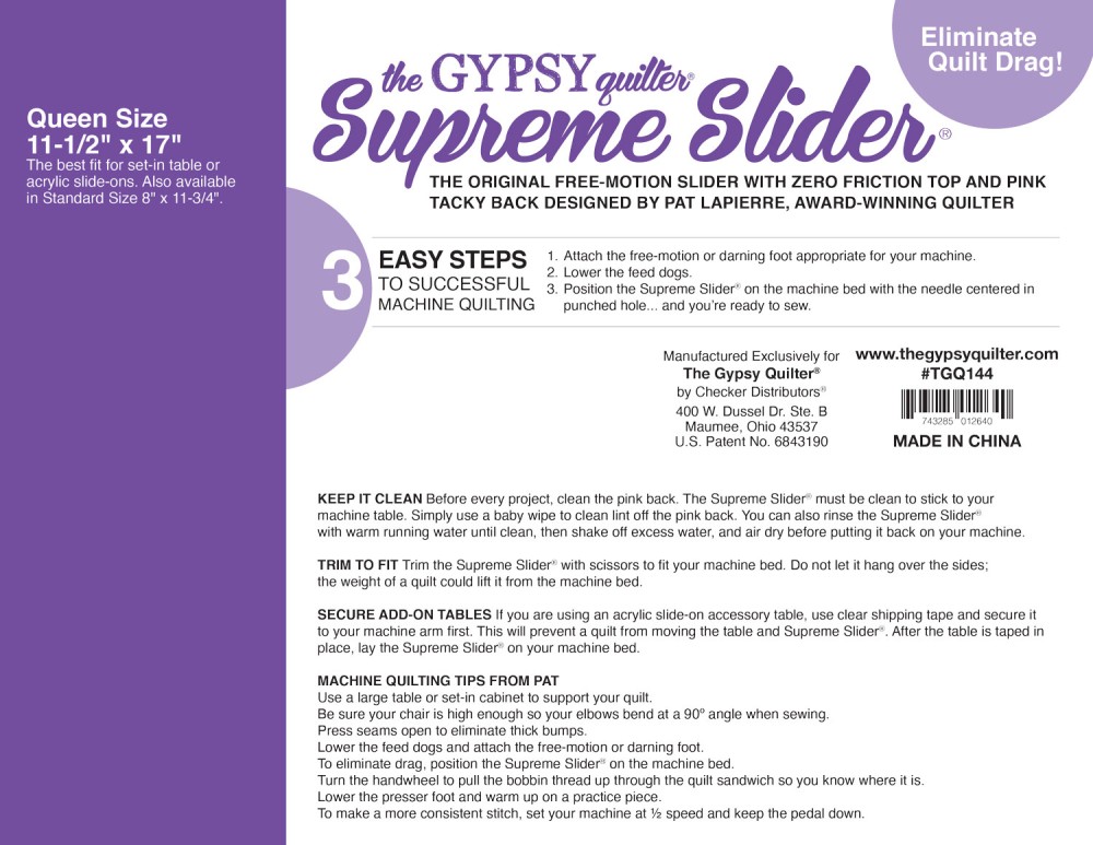 The Gypsy Quilter Queen Size Supreme Slider instructions and product identification TGQ144