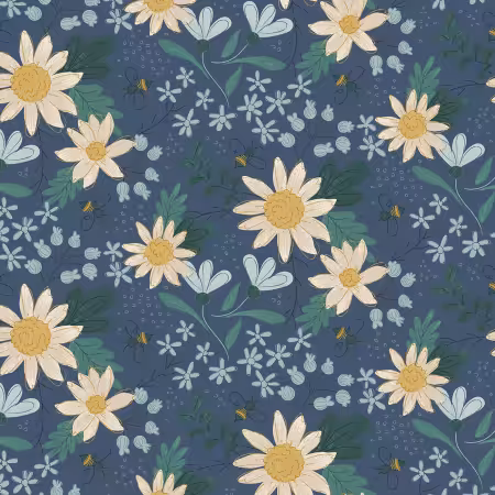 Dark Denim Honeybee Digital Large Sunflowers