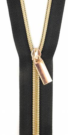 Black #5 Nylon Gold Coil Zippers: 3 Yards with 9 Pulls