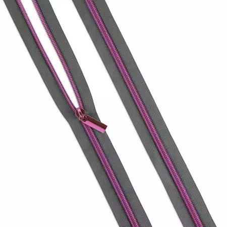 Grey #5 Nylon Tula Pink Coil Zipper 3yds and 9 Pulls