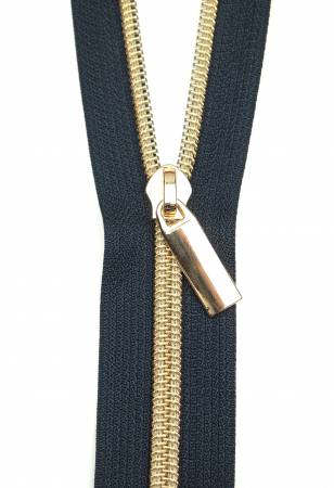 Navy #5 Nylon Gold Coil Zippers: 3 Yards with 9 Pulls