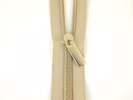 Beige #5 Nylon Gold Coil Zippers: 3 Yards with 9 Pulls