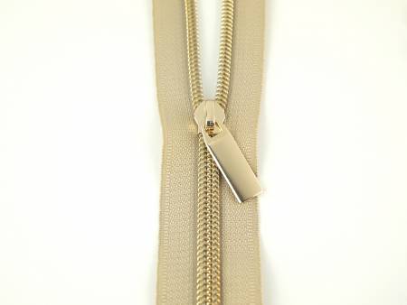 Beige #5 Nylon Gold Coil Zippers: 3 Yards with 9 Pulls