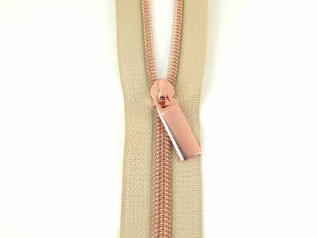 Beige #5 Nylon Rose Gold Coil Zippers: 3 Yards with 9 Pulls