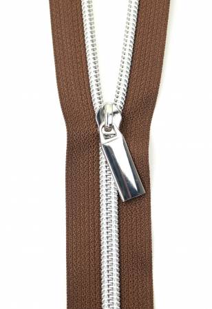 Brown #5 Nylon Nickel Coil Zippers: 3 Yards with 9 Pulls