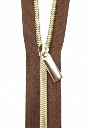 Brown #5 Nylon Gold Coil Zippers: 3 Yards with 9 Pulls