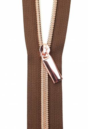 Brown #5 Nylon Rose Gold Coil Zippers: 3 Yards with 9 Pulls