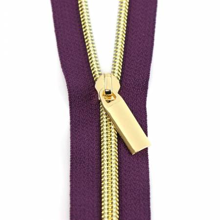 Purple #5 Nylon Gold Coil Zippers: 3 Yards with 9 Pulls
