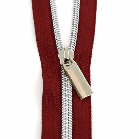Burgundy #5 Nylon Nickel Coil Zippers: 3 Yards with 9 Pulls
