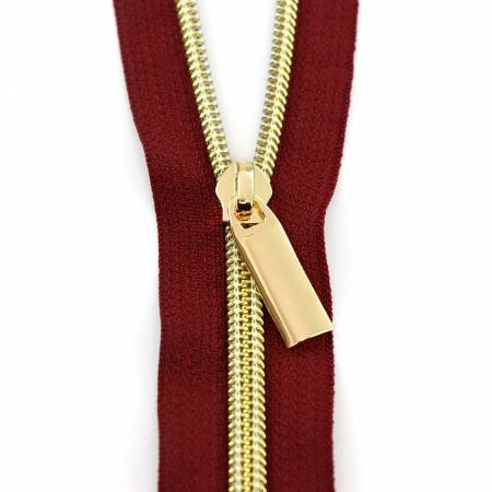 Burgundy #5 Nylon Gold Coil Zippers: 3 Yards with 9 Pulls
