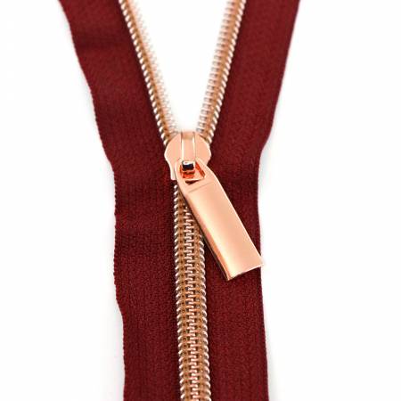 Burgundy #5 Nylon Rose Gold Coil Zippers: 3 Yards with 9 Pulls