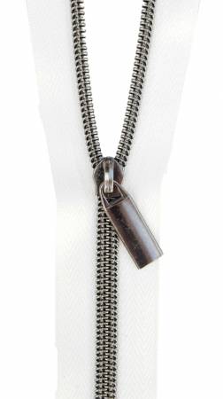 White #5 Nylon Gunmetal Coil Zippers: 3 Yards with 9 Pulls