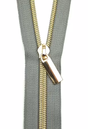Grey #5 Nylon Gold Coil Zippers: 3 Yards with 9 Pulls