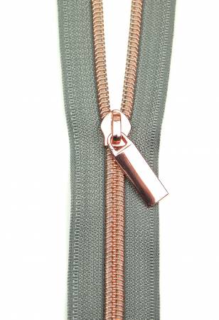Grey #5 Nylon Rose Gold Coil Zippers: 3 Yards with 9 Pulls