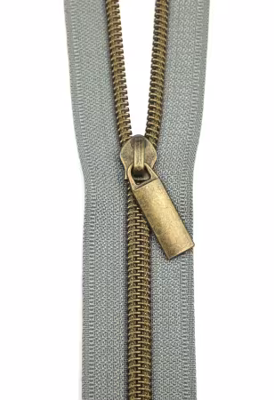 Grey #5 Nylon Antique Coil Zippers: 3 Yards with 9 Pulls